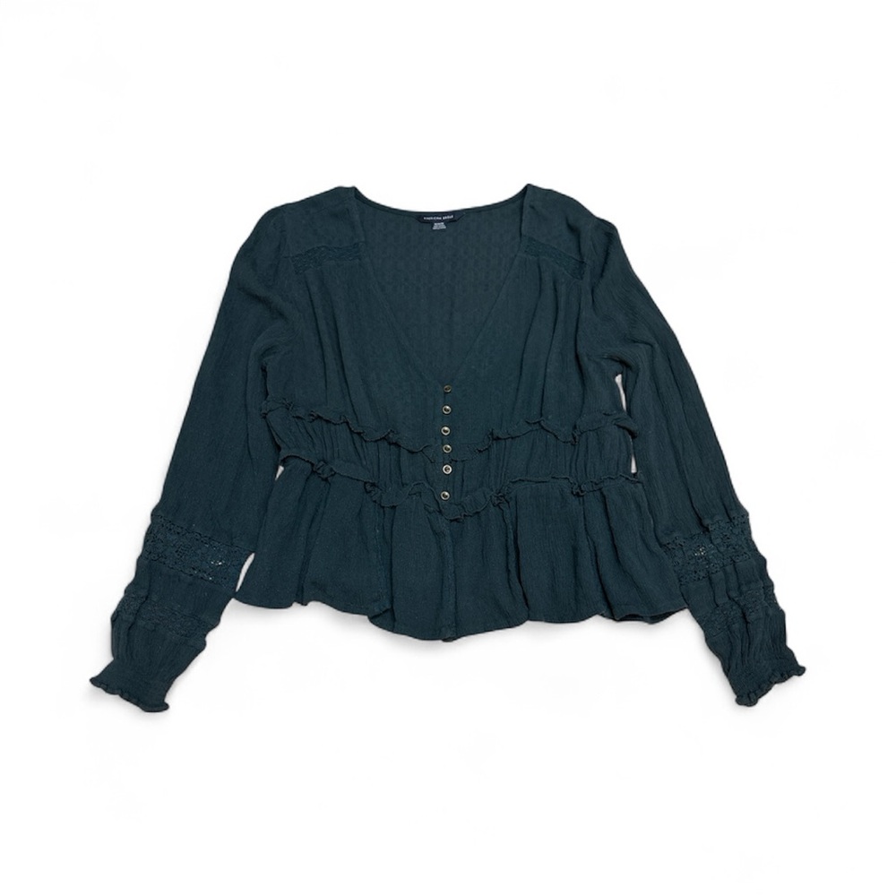 American Eagle Y2K Emerald Green Pointelle Knit Fairy Grunge Ruffle Blouse Sz M